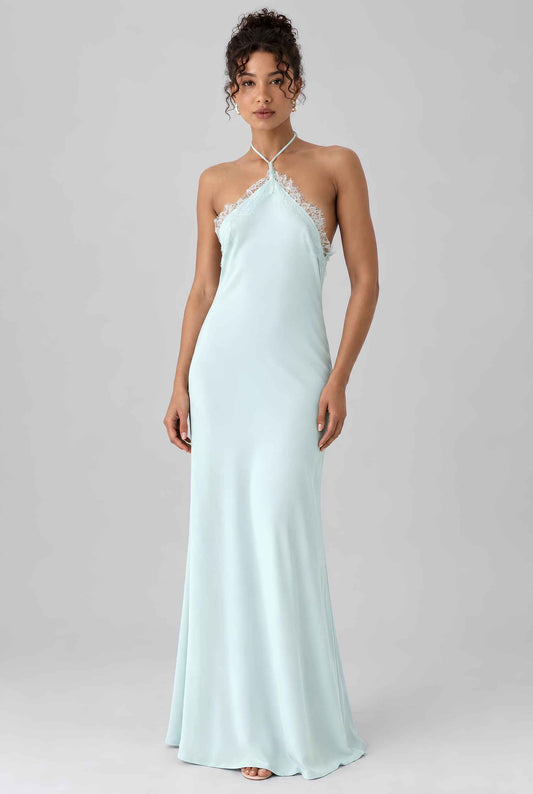 Virtual model wearing The Clara Lace Satin Slip Dress Lace-Trimmed Satin Halter Slip Dress in Blue