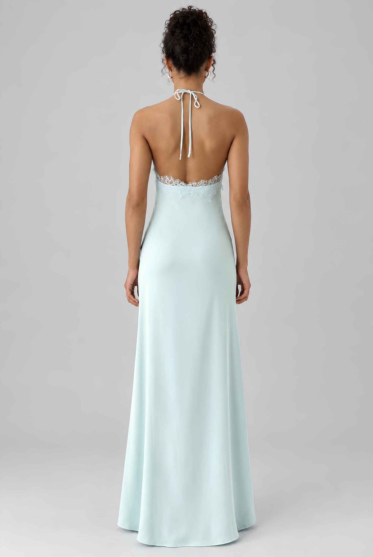 Virtual model wearing The Clara Lace Satin Slip Dress Lace-Trimmed Satin Halter Slip Dress in Blue