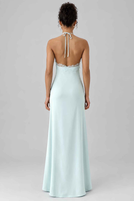 Virtual model wearing The Clara Lace Satin Slip Dress Lace-Trimmed Satin Halter Slip Dress in Blue