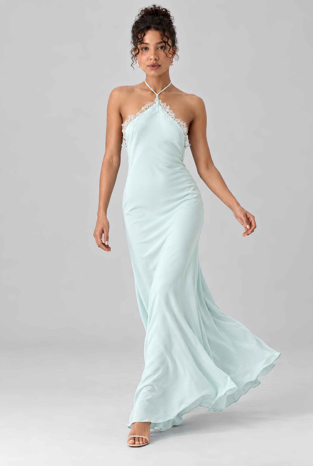 Virtual model wearing The Clara Lace Satin Slip Dress Lace-Trimmed Satin Halter Slip Dress in Blue
