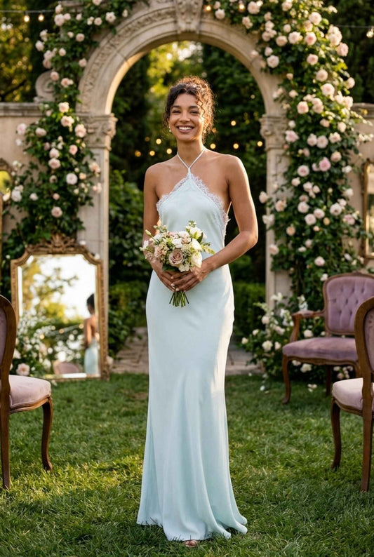 Virtual model wearing The Clara Lace Satin Slip Dress Lace-Trimmed Satin Halter Slip Dress in Blue