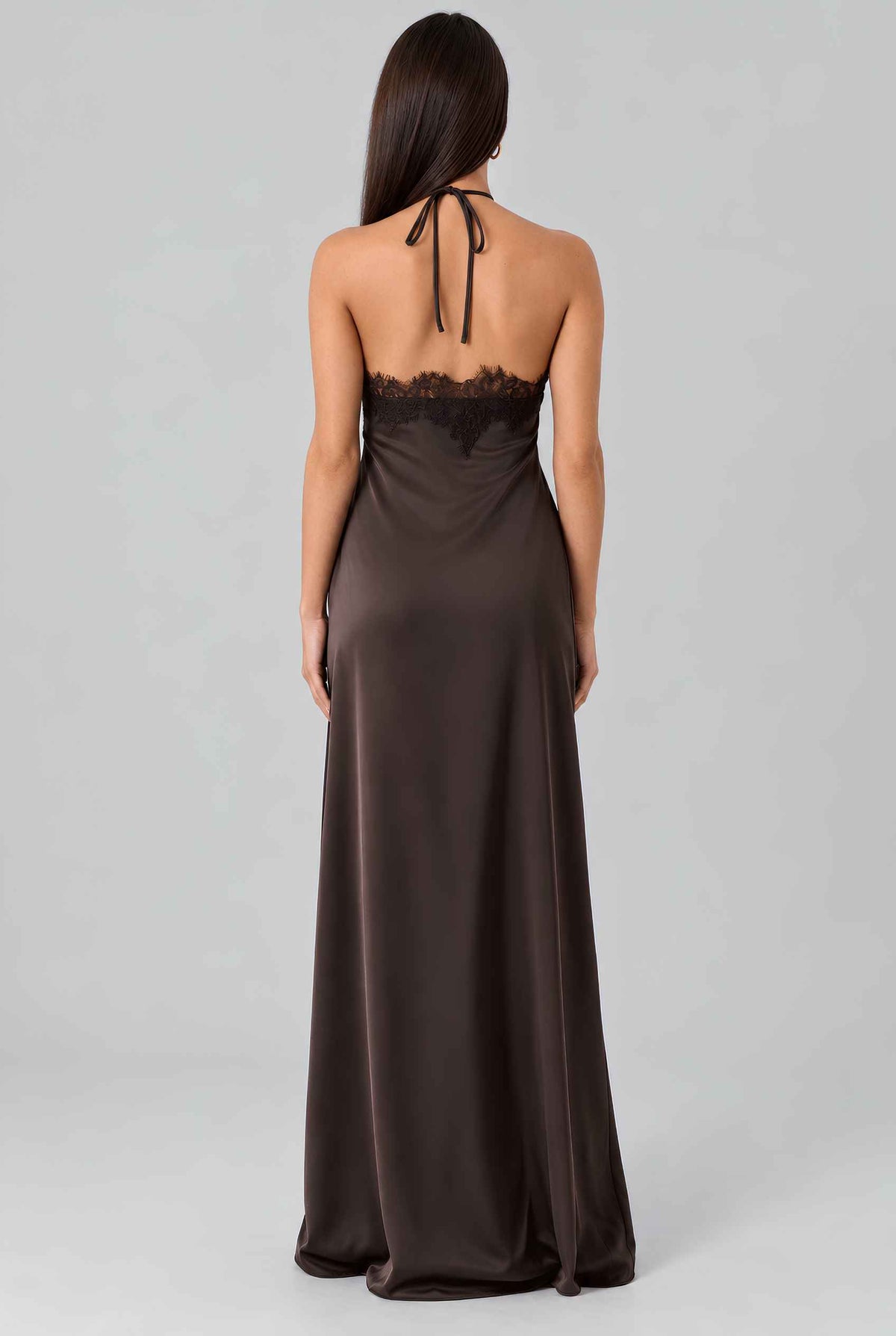 Virtual model wearing The Clara Lace Satin Slip Dress Lace-Trimmed Satin Halter Slip Dress in Brown