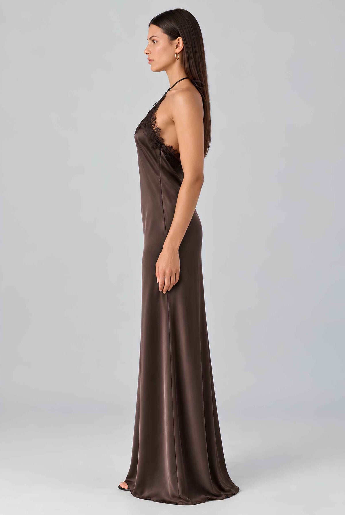Virtual model wearing The Clara Lace Satin Slip Dress Lace-Trimmed Satin Halter Slip Dress in Brown