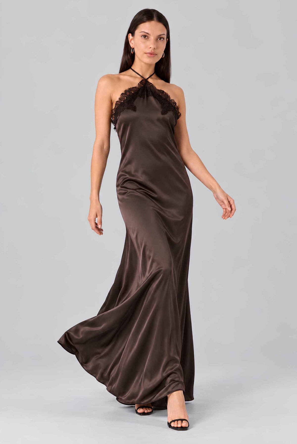 Virtual model wearing The Clara Lace Satin Slip Dress Lace-Trimmed Satin Halter Slip Dress in Brown