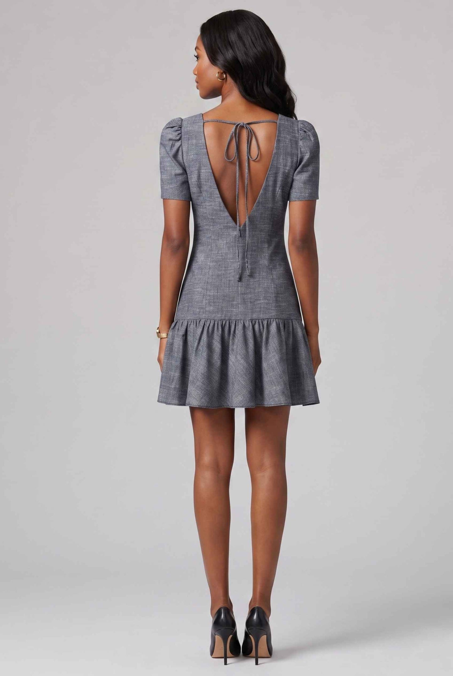 Virtual Model wearing The Colette Chambray Mini Puff-Sleeve Drop-Waist Dark Gray Chambray Dress