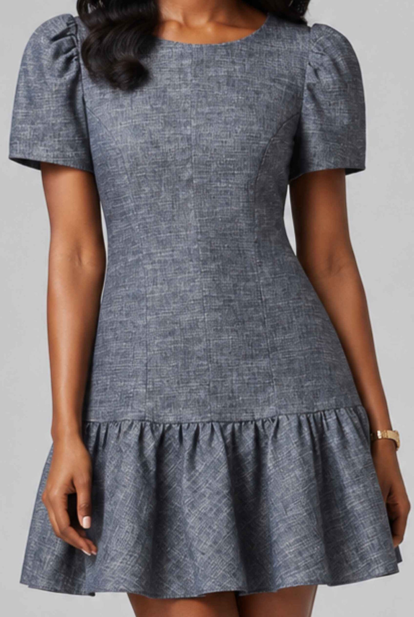 Virtual Model wearing The Colette Chambray Mini Puff-Sleeve Drop-Waist Dark Gray Chambray Dress