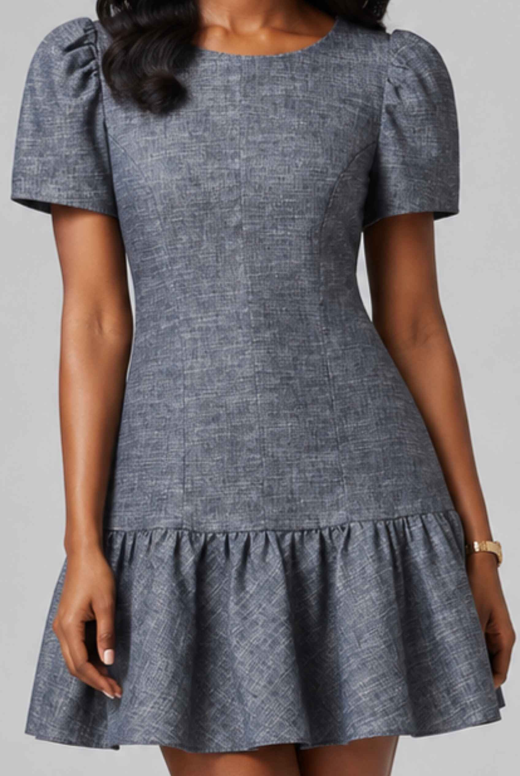 Virtual Model wearing The Colette Chambray Mini Puff-Sleeve Drop-Waist Dark Gray Chambray Dress