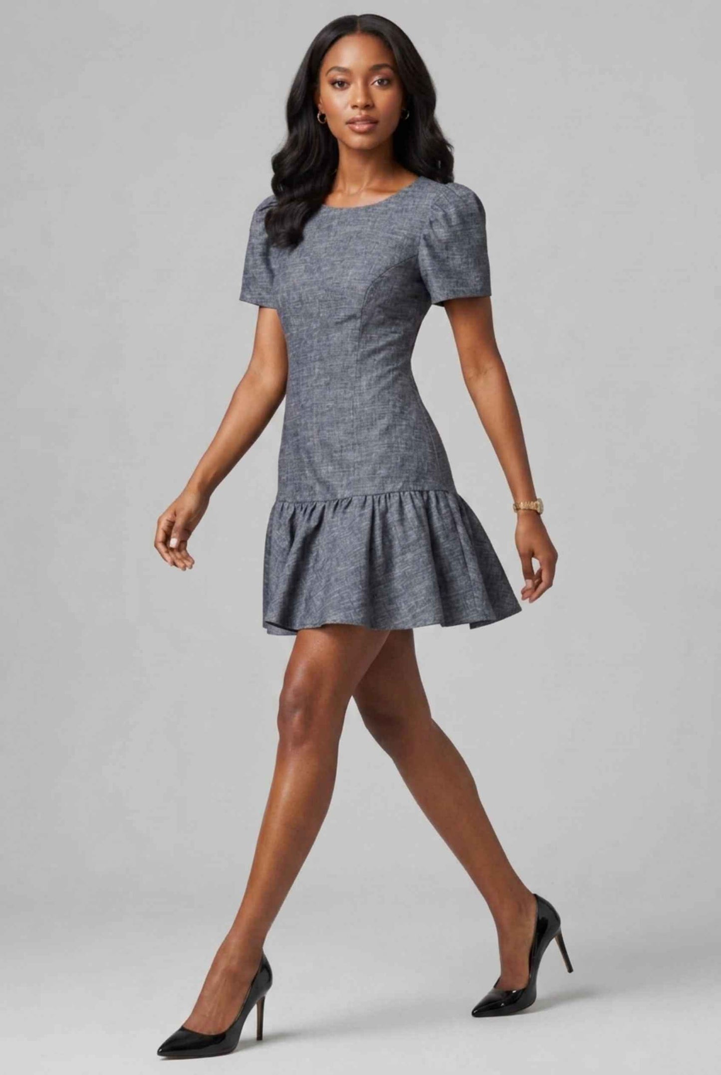 Virtual Model wearing The Colette Chambray Mini Puff-Sleeve Drop-Waist Dark Gray Chambray Dress