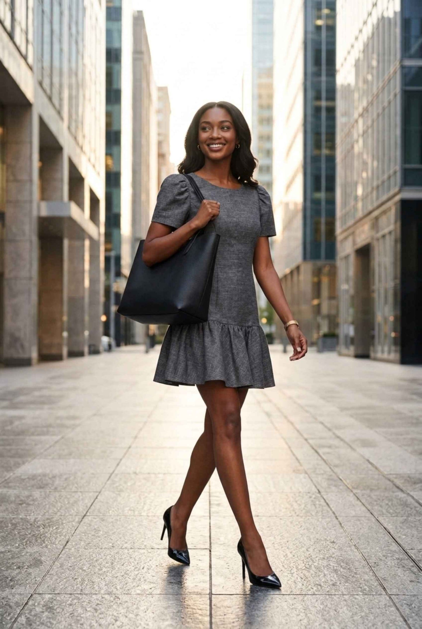 Virtual Model wearing The Colette Chambray Mini Puff-Sleeve Drop-Waist Dark Gray Chambray Dress