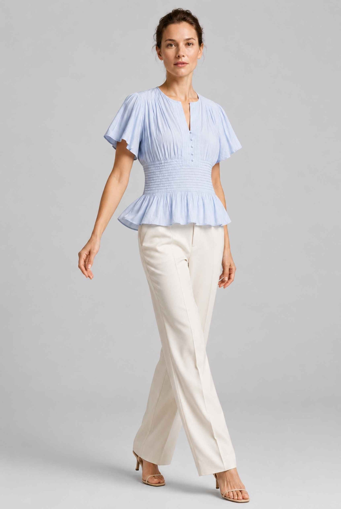 Virtual Model wearing The Colette Pintuck Blouse Pleated Flutter Blue Sleeve Blouse