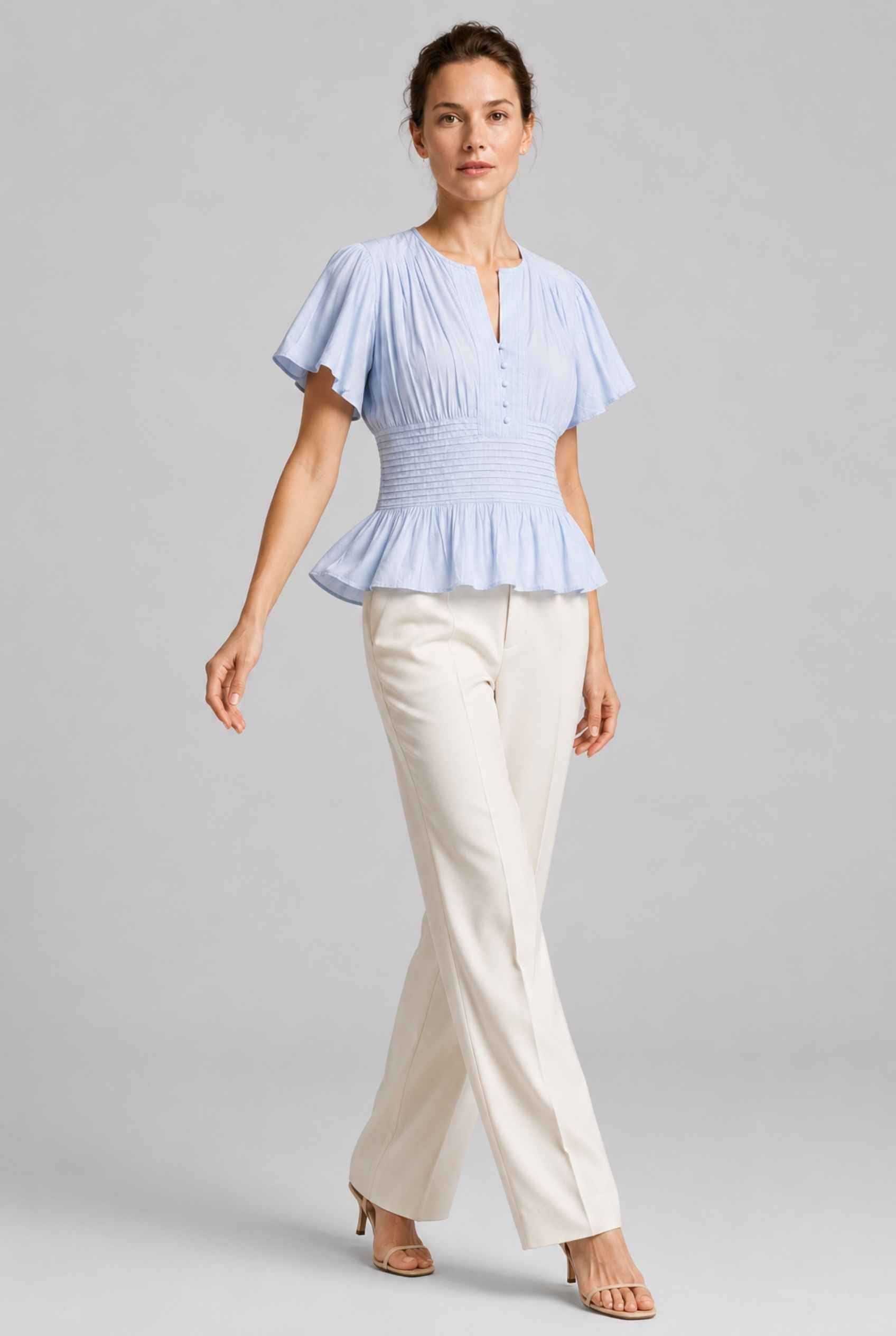 Virtual Model wearing The Colette Pintuck Blouse Pleated Flutter Blue Sleeve Blouse