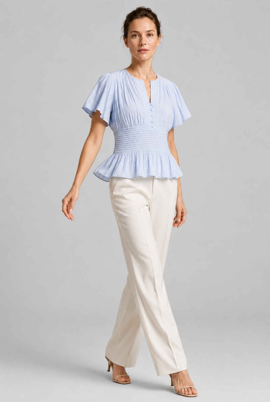 Virtual Model wearing The Colette Pintuck Blouse Pleated Flutter Blue Sleeve Blouse