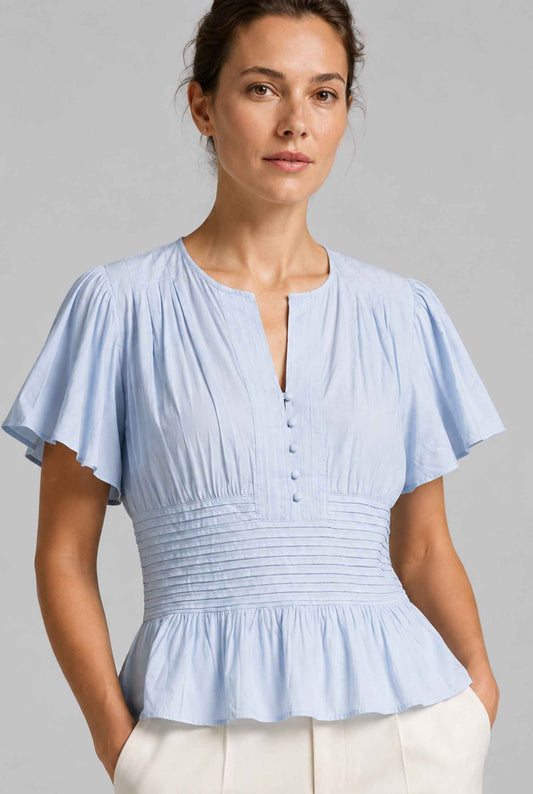 Virtual Model wearing The Colette Pintuck Blouse Pleated Flutter Blue Sleeve Blouse