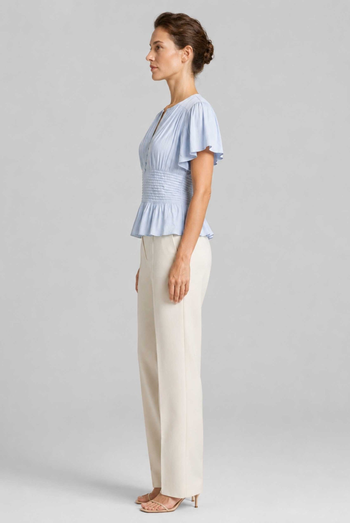 Virtual Model wearing The Colette Pintuck Blouse Pleated Flutter Blue Sleeve Blouse