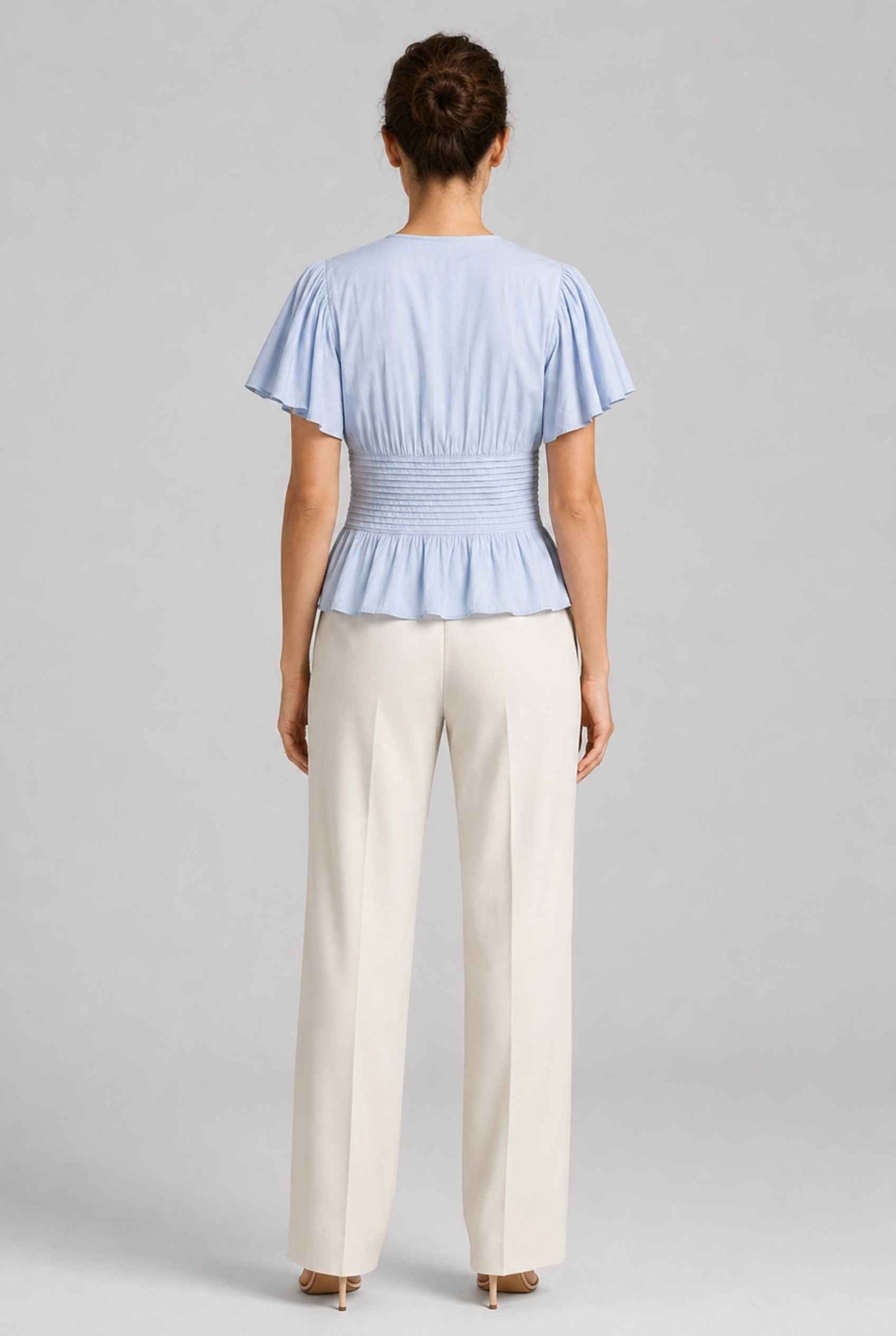 Virtual Model wearing The Colette Pintuck Blouse Pleated Flutter Blue Sleeve Blouse