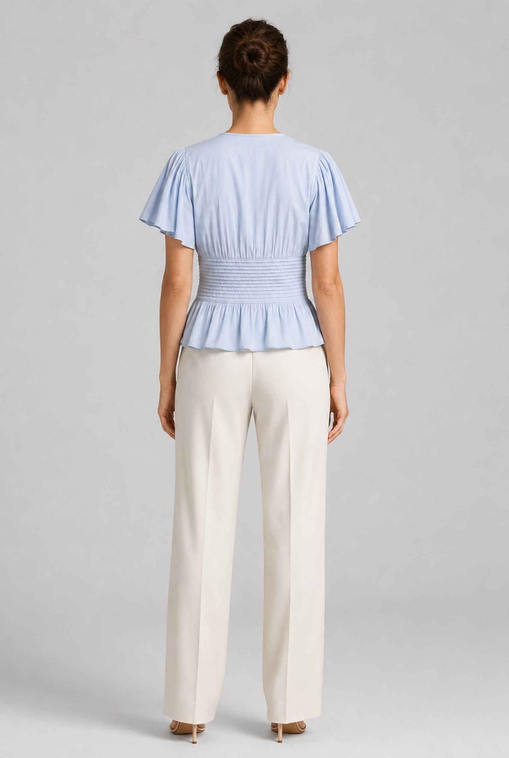 Virtual Model wearing The Colette Pintuck Blouse Pleated Flutter Blue Sleeve Blouse