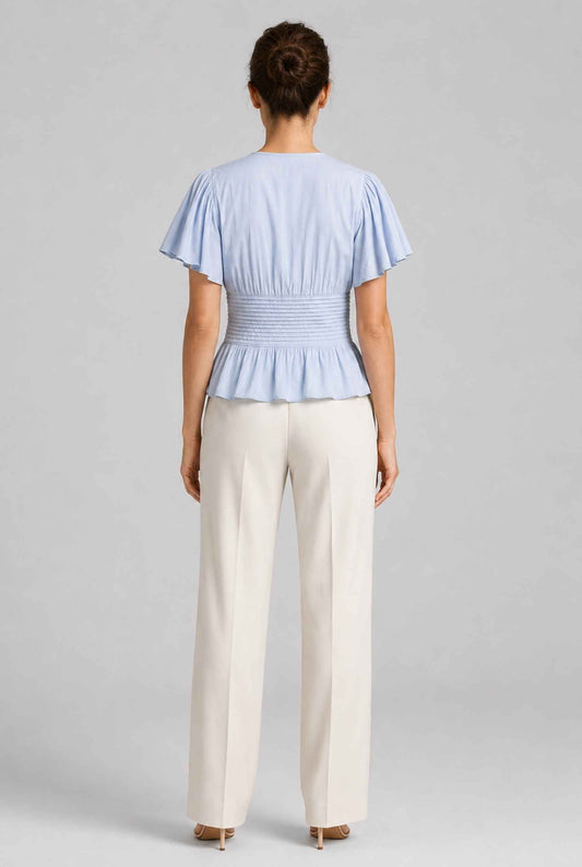 Virtual Model wearing The Colette Pintuck Blouse Pleated Flutter Blue Sleeve Blouse