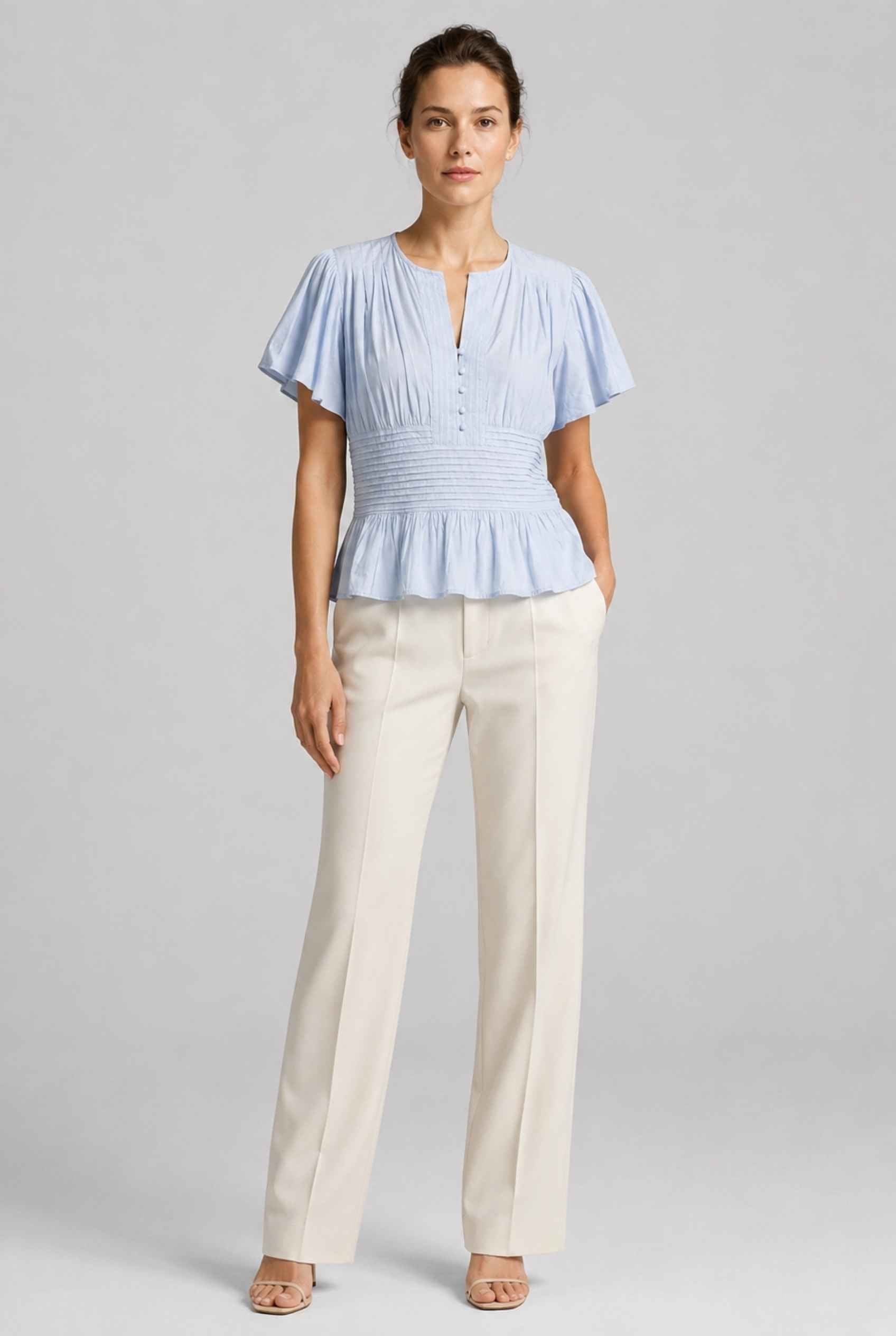 Virtual Model wearing The Colette Pintuck Blouse Pleated Flutter Blue Sleeve Blouse