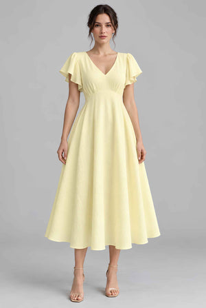 Virtual model wearing The Coralie Flutter Sleeve Midi Yellow Flutter Sleeve Crinkle Midi Dress