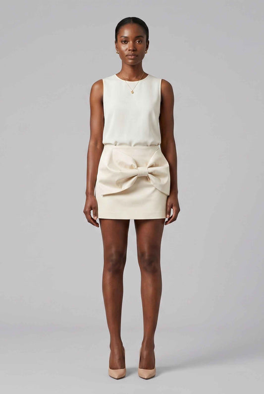 Virtual Model wearing The Cordelia Bow Skirt Taffeta Cream Mini Skirt