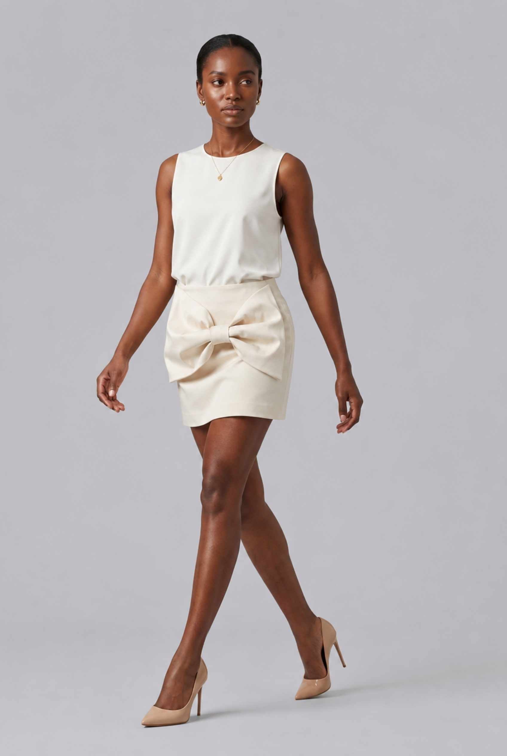 Virtual Model wearing The Cordelia Bow Skirt Taffeta Cream Mini Skirt