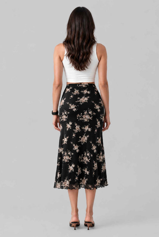 Virtual Model wearing The Dahlia Satin Midi Skirt Black Floral Bias-Cut Slip Midi Skirt