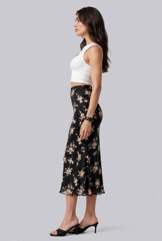 Virtual Model wearing The Dahlia Satin Midi Skirt Black Floral Bias-Cut Slip Midi Skirt