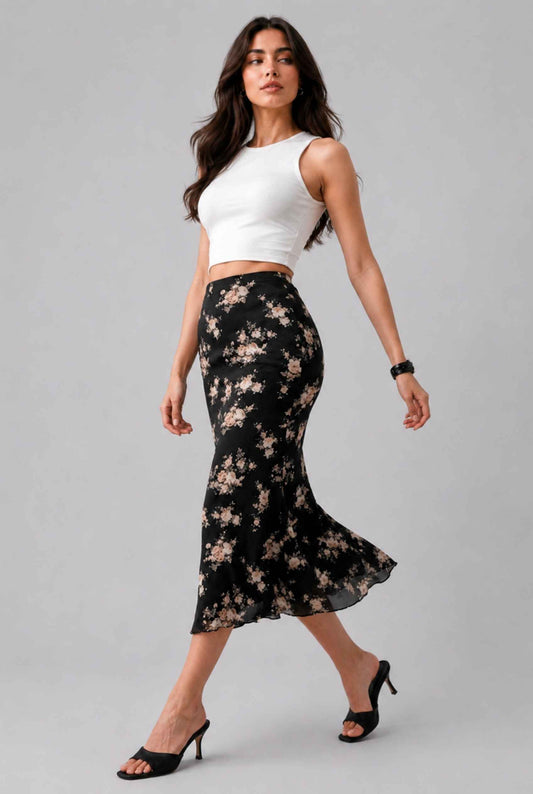 Virtual Model wearing The Dahlia Satin Midi Skirt Black Floral Bias-Cut Slip Midi Skirt