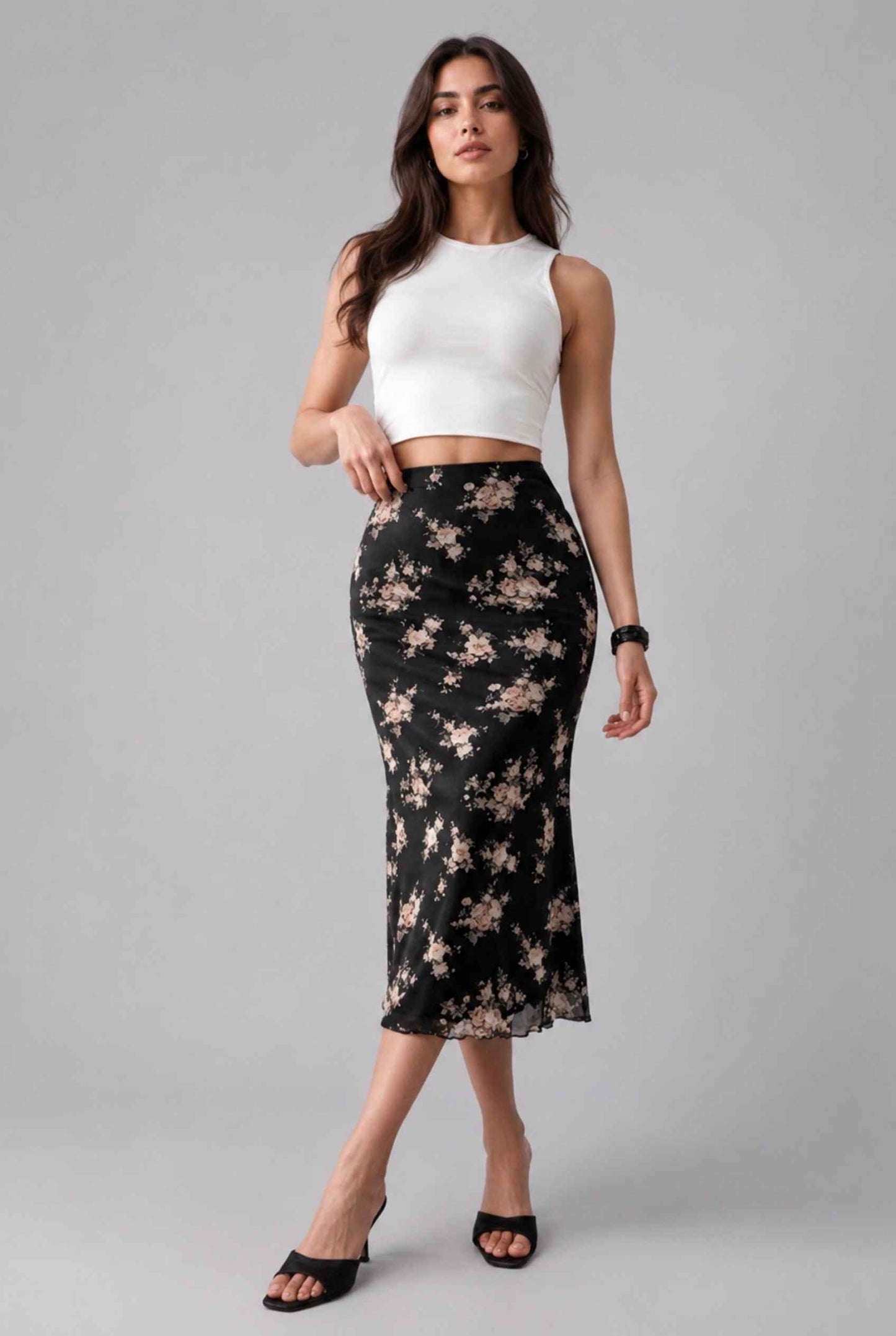 Virtual Model wearing The Dahlia Satin Midi Skirt Black Floral Bias-Cut Slip Midi Skirt