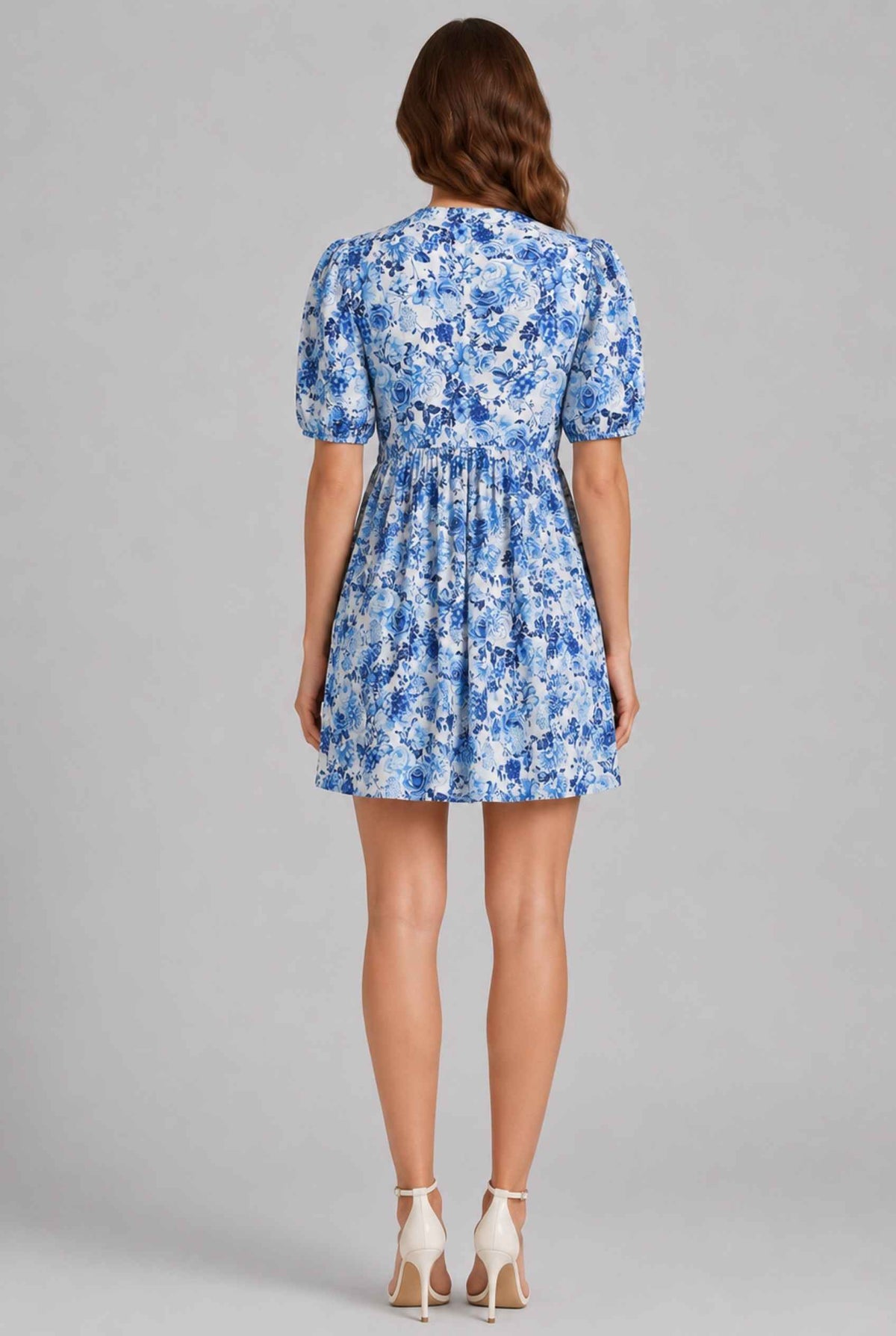 Virtual model wearing The Daphne Bow Mini Chinoiserie Floral Bow Puff-Sleeve Mini Dress in Blue