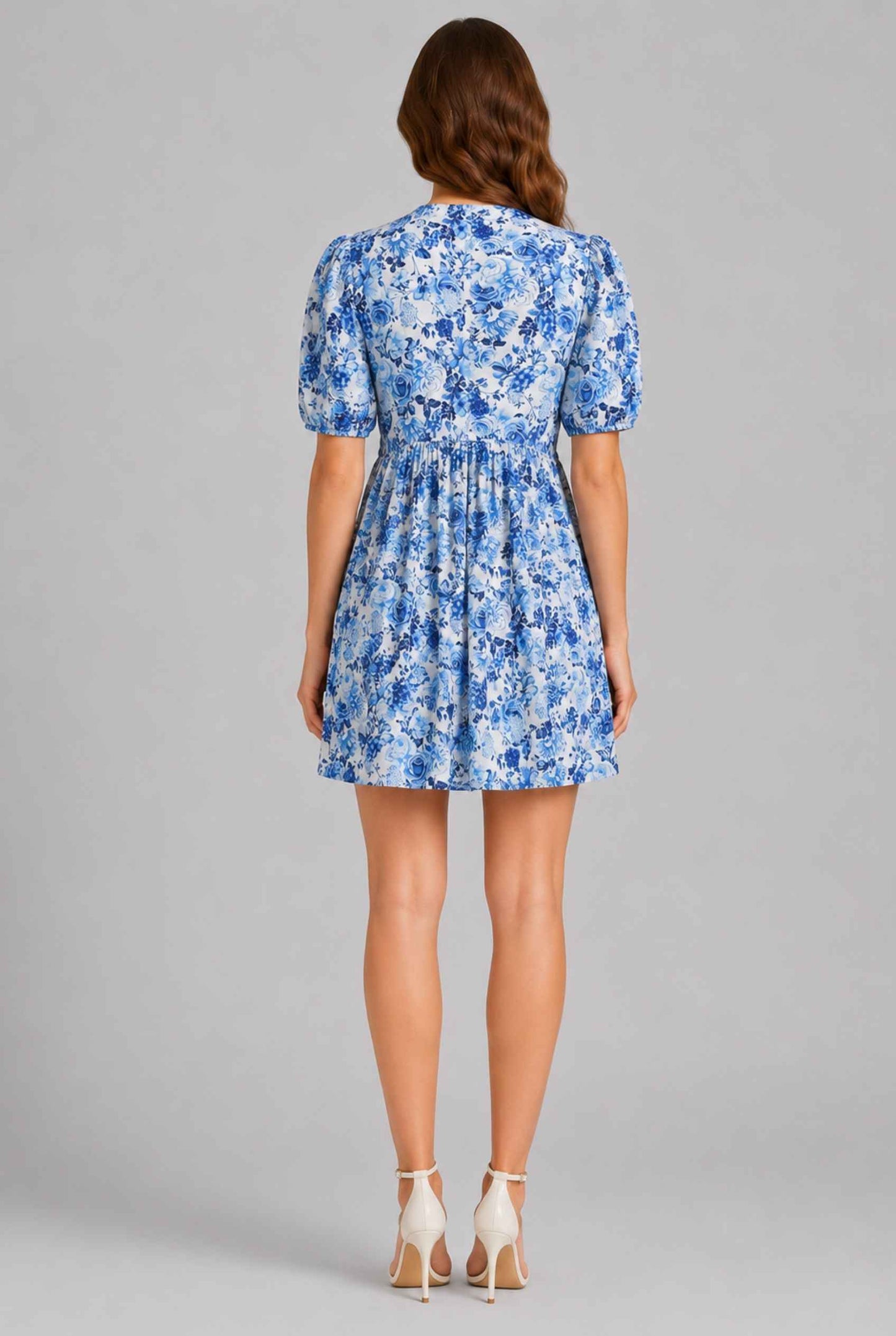 Virtual Model wearing The Daphne Bow Mini Chinoiserie Floral Bow Blue Puff-Sleeve Mini Dress