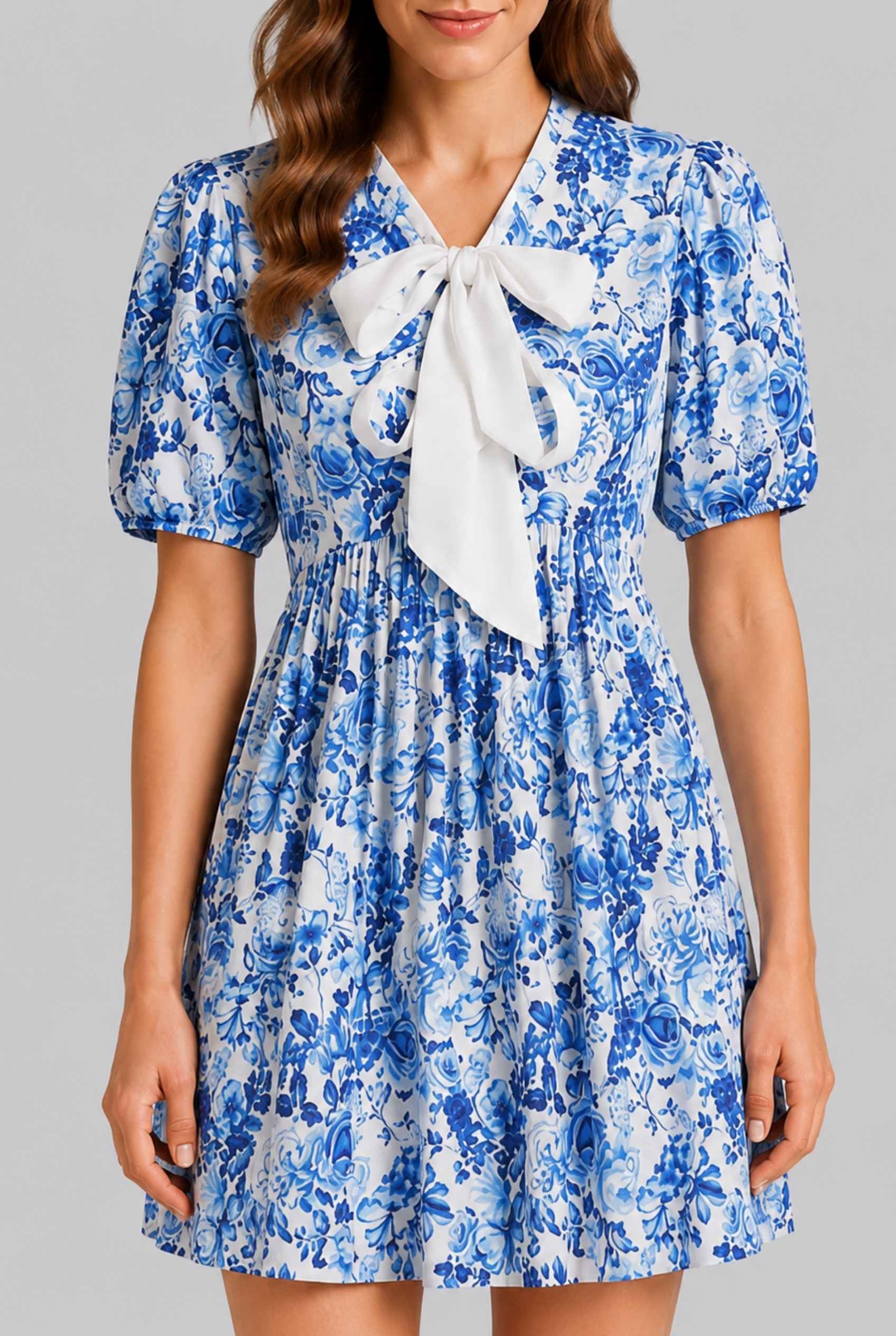 Virtual Model wearing The Daphne Bow Mini Chinoiserie Floral Bow Blue Puff-Sleeve Mini Dress