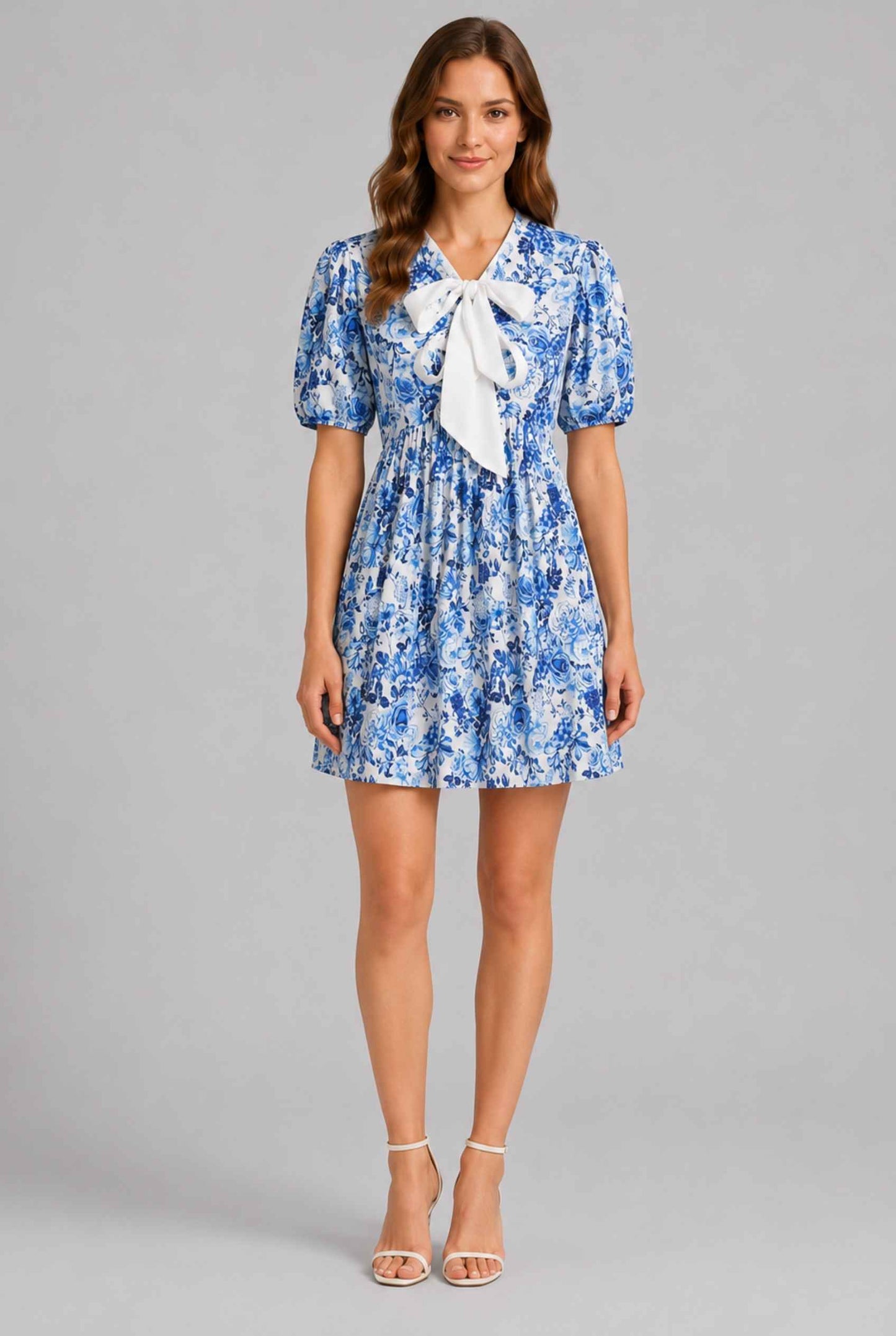 Virtual Model wearing The Daphne Bow Mini Chinoiserie Floral Bow Blue Puff-Sleeve Mini Dress
