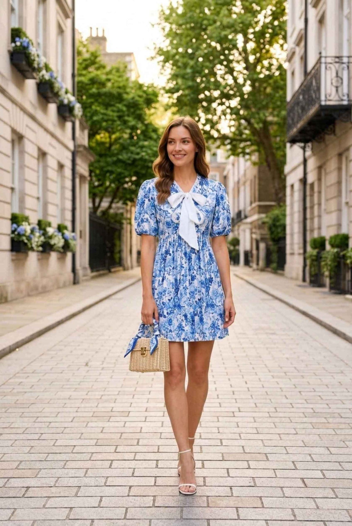 Virtual model wearing The Daphne Bow Mini Chinoiserie Floral Bow Puff-Sleeve Mini Dress in Blue