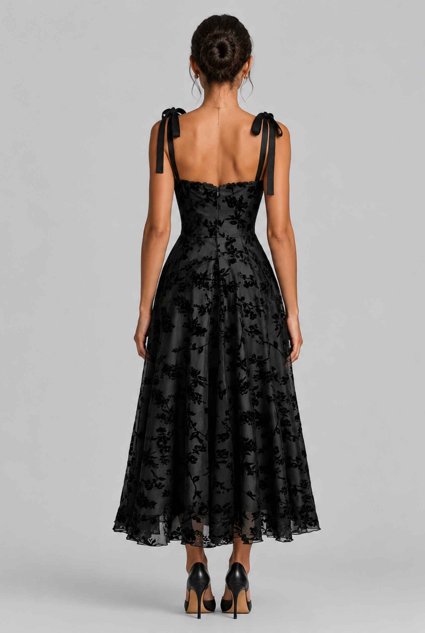 Virtual Model wearing The Darcy Tie Dress Floral Velvet Flocked Occasion Black Dress