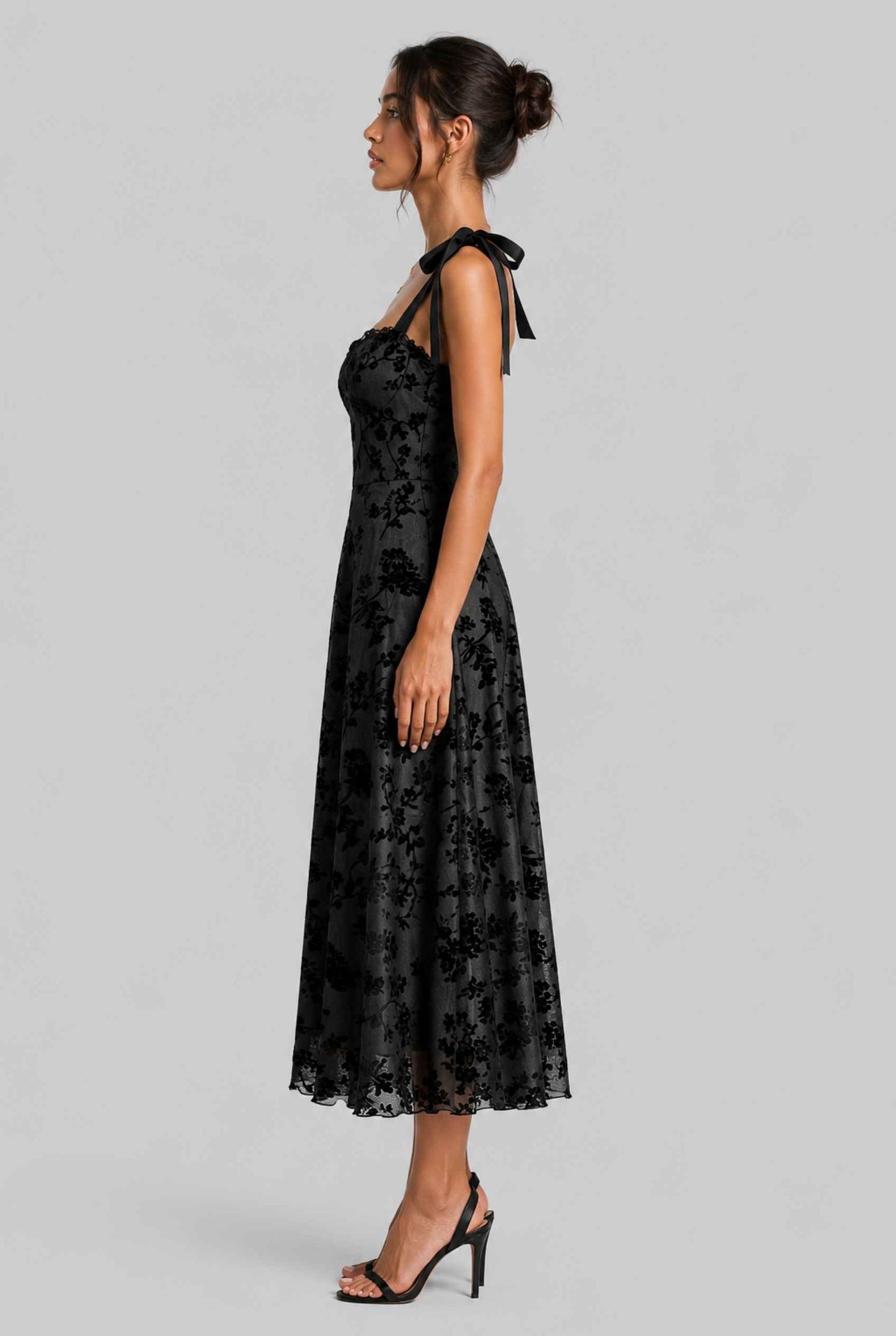 Virtual Model wearing The Darcy Tie Dress Floral Velvet Flocked Occasion Black Dress