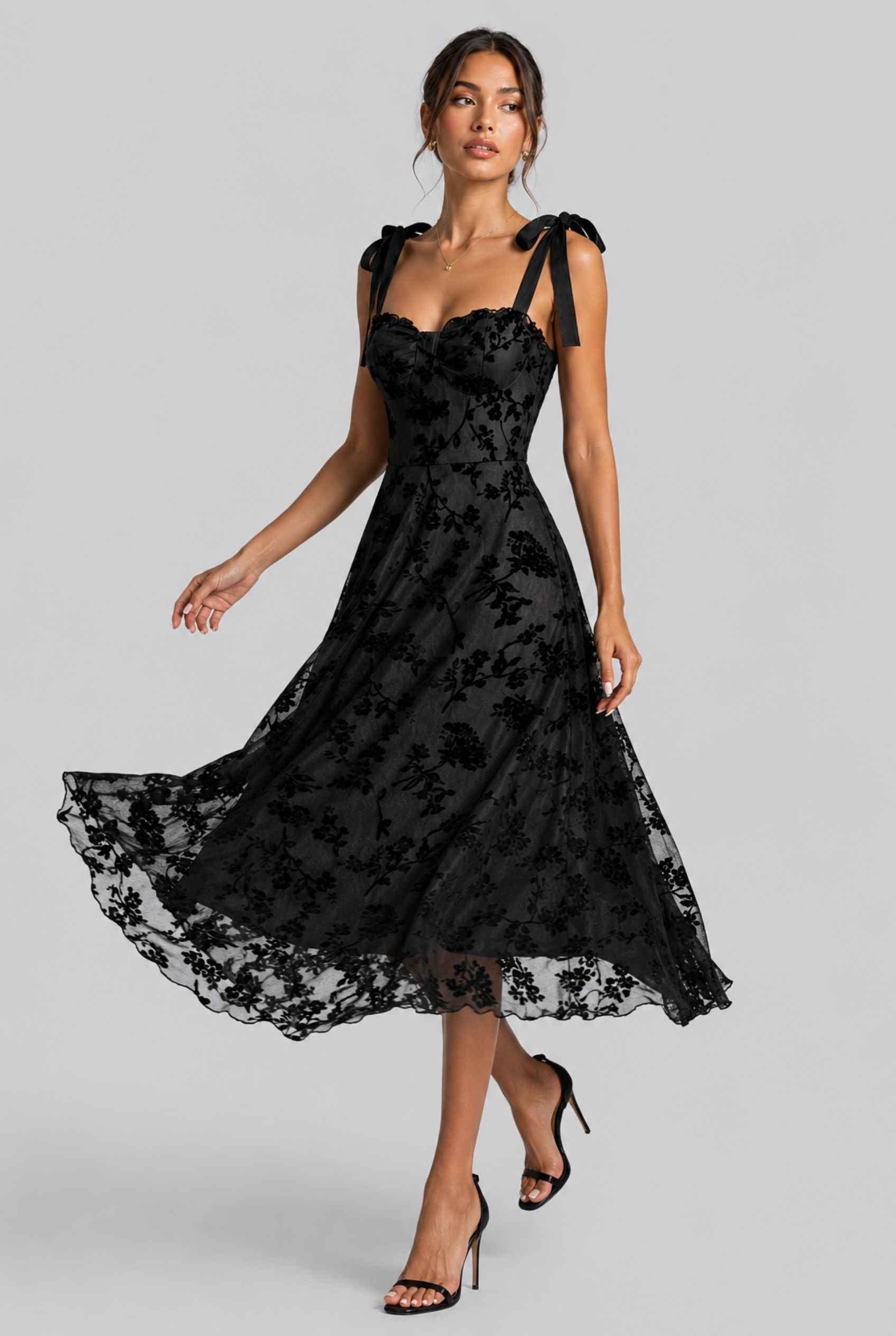 Virtual Model wearing The Darcy Tie Dress Floral Velvet Flocked Occasion Black Dress