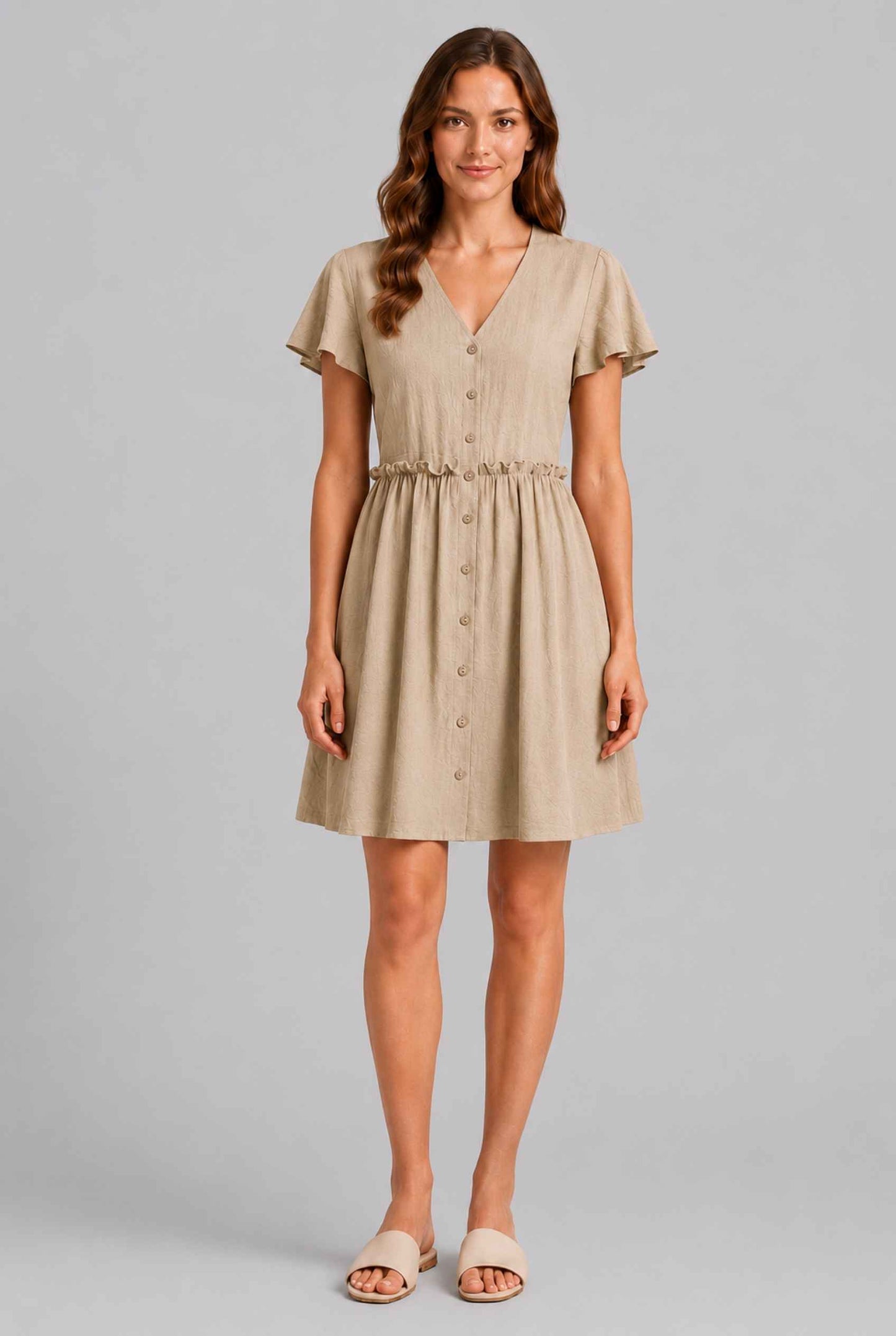 Virtual Model wearing The Delia Buttoned Mini Beige Flutter Sleeve Ruffled Dress