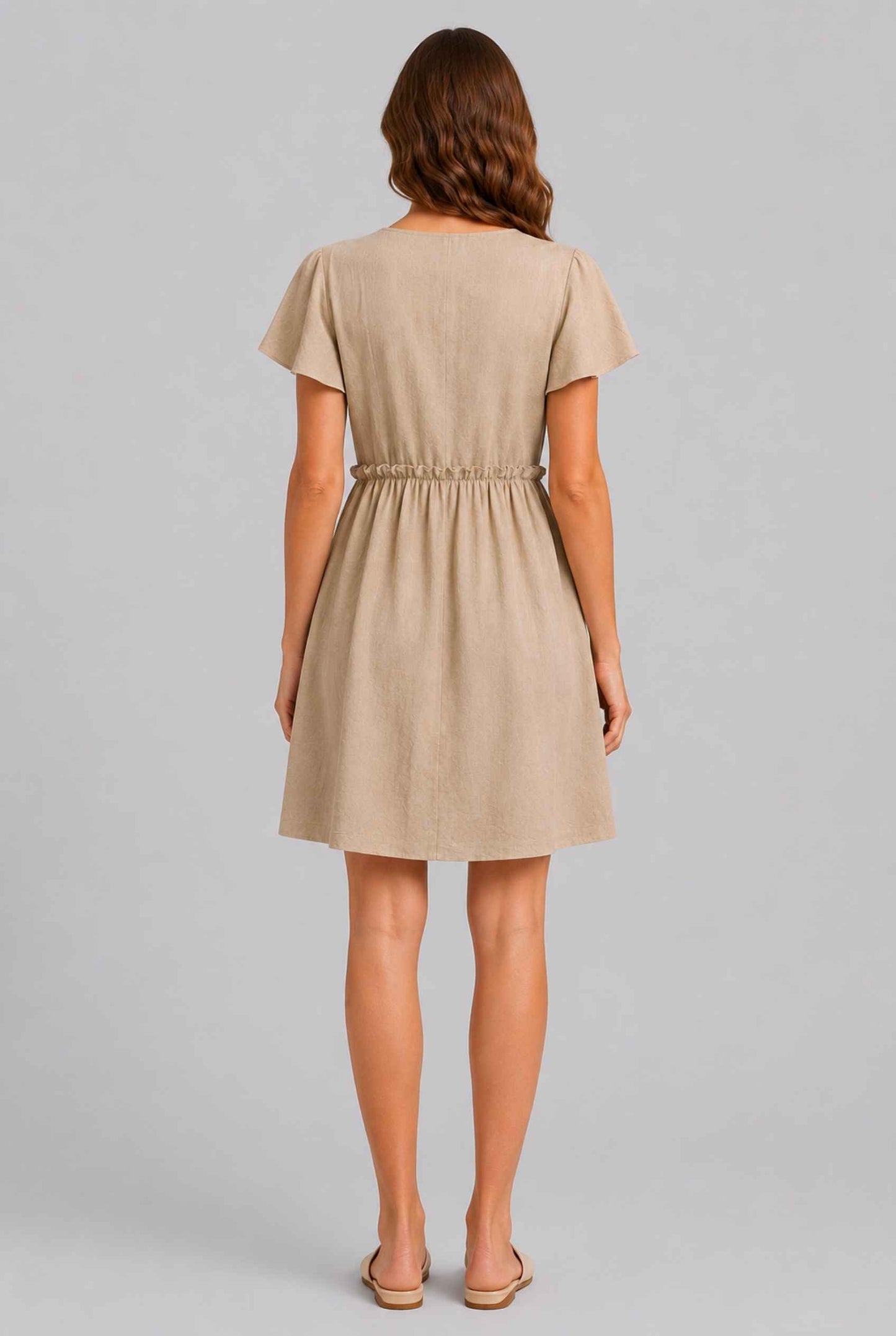 Virtual Model wearing The Delia Buttoned Mini Beige Flutter Sleeve Ruffled Dress