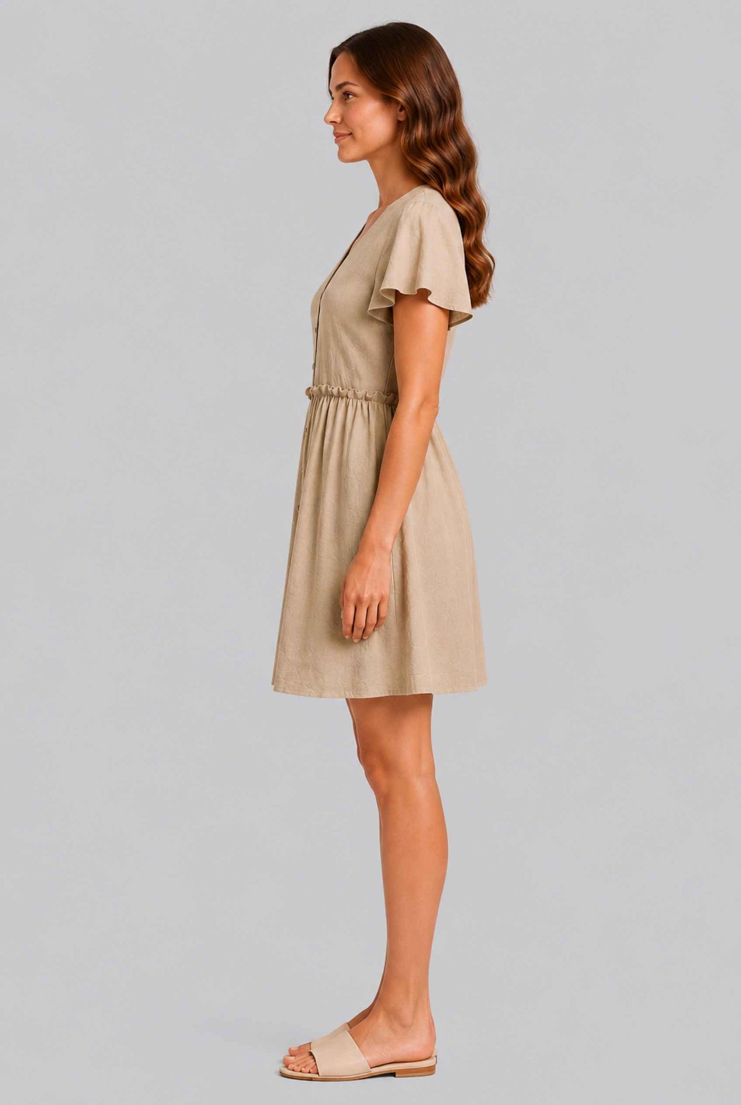 Virtual Model wearing The Delia Buttoned Mini Beige Flutter Sleeve Ruffled Dress