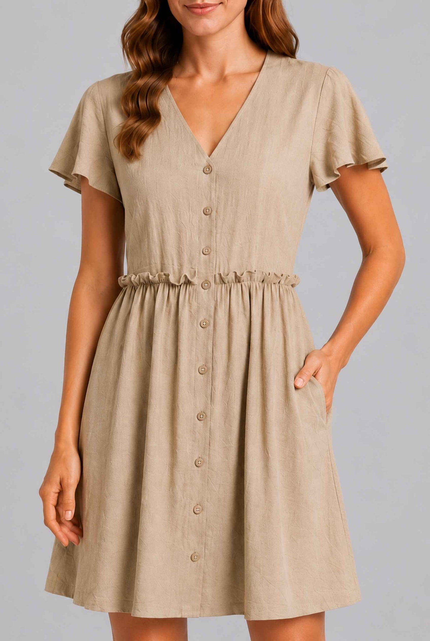 Virtual Model wearing The Delia Buttoned Mini Beige Flutter Sleeve Ruffled Dress