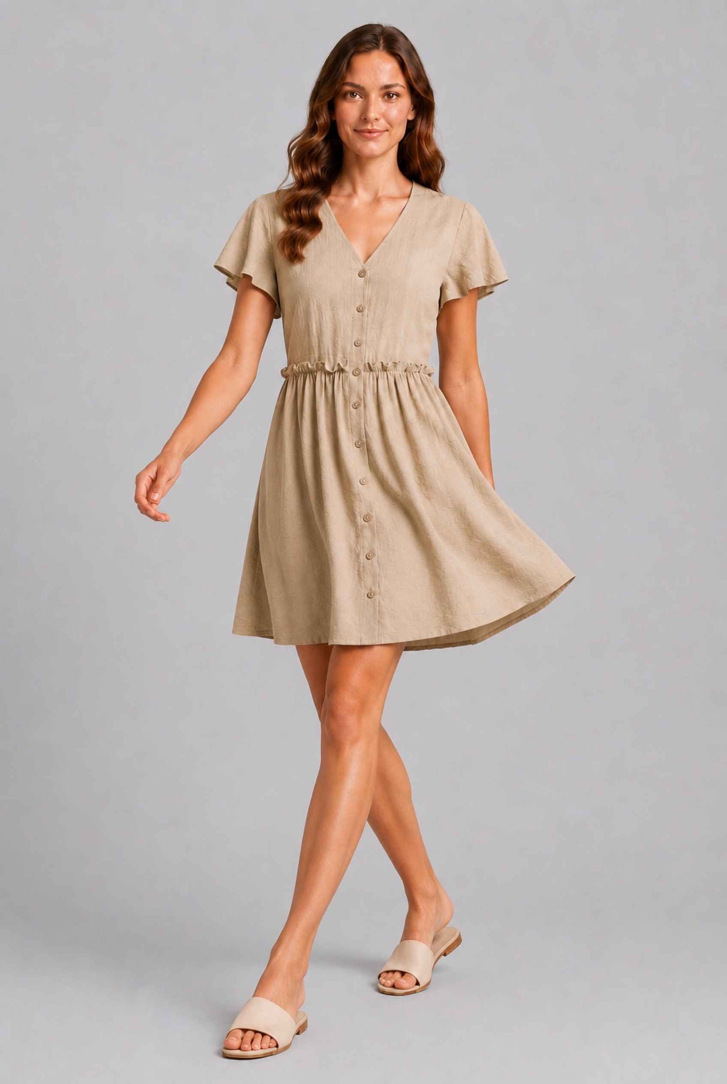 Virtual Model wearing The Delia Buttoned Mini Beige Flutter Sleeve Ruffled Dress