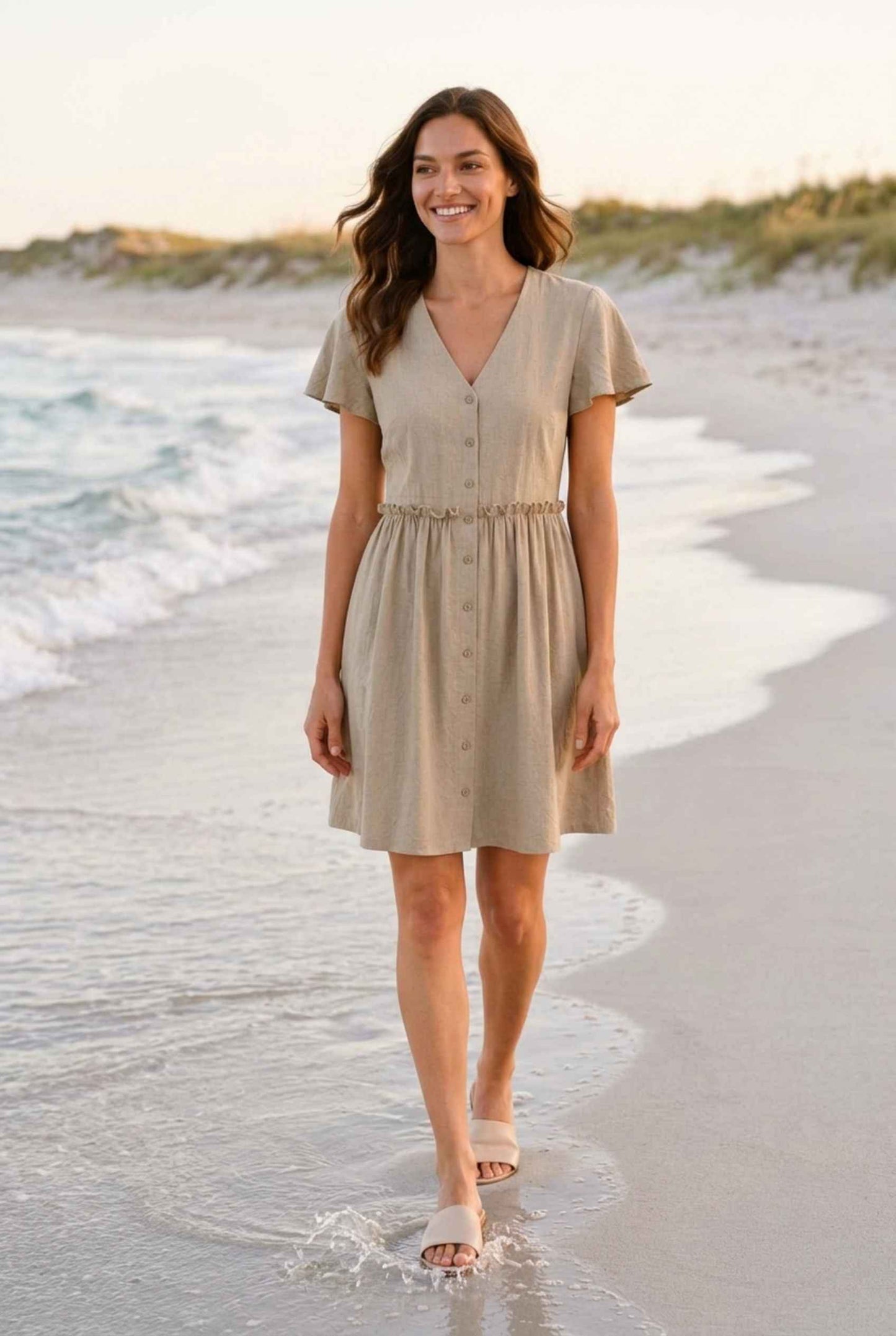 Virtual Model wearing The Delia Buttoned Mini Beige Flutter Sleeve Ruffled Dress