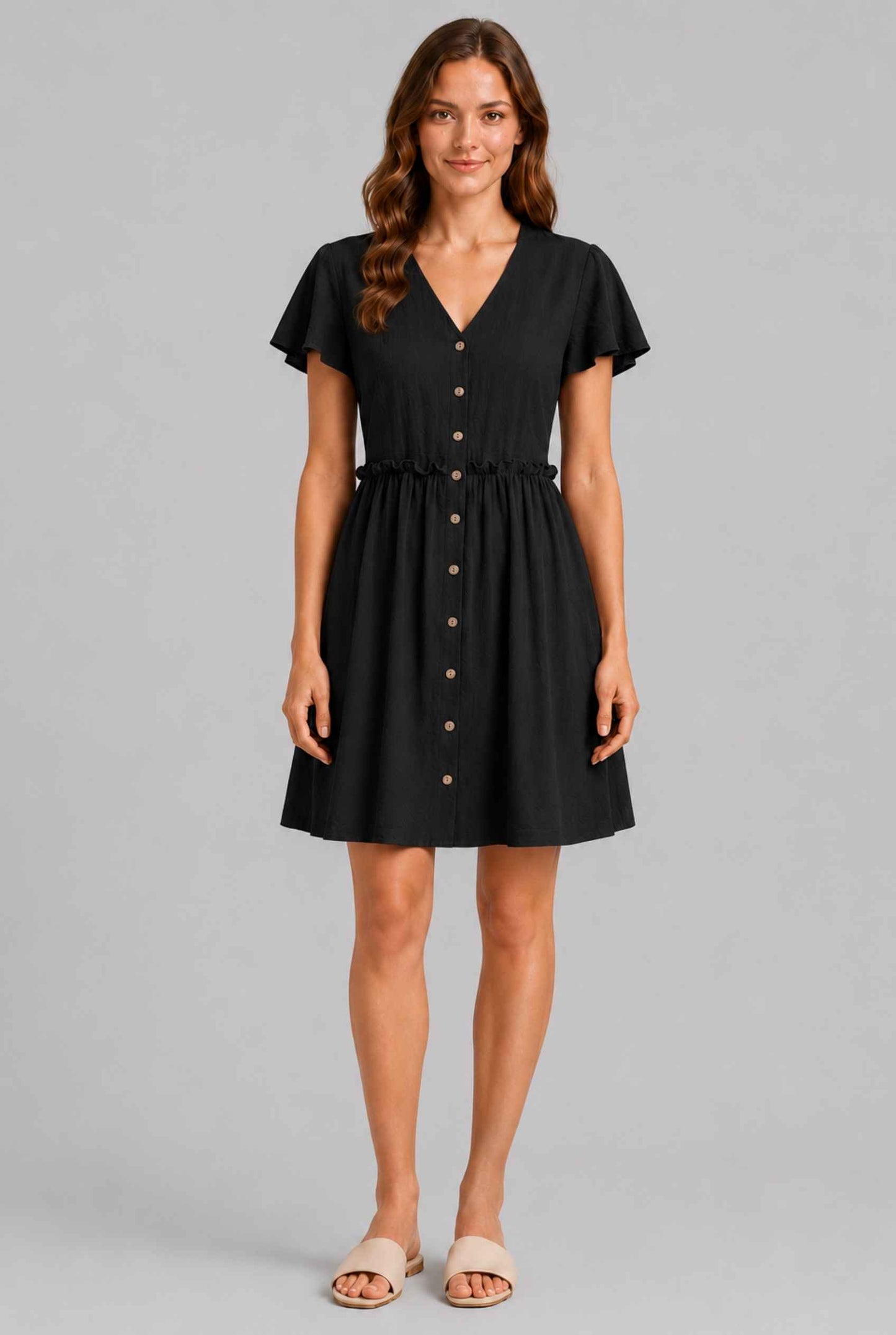 Virtual Model wearing The Delia Buttoned Mini Black Flutter Sleeve Ruffled Dress
