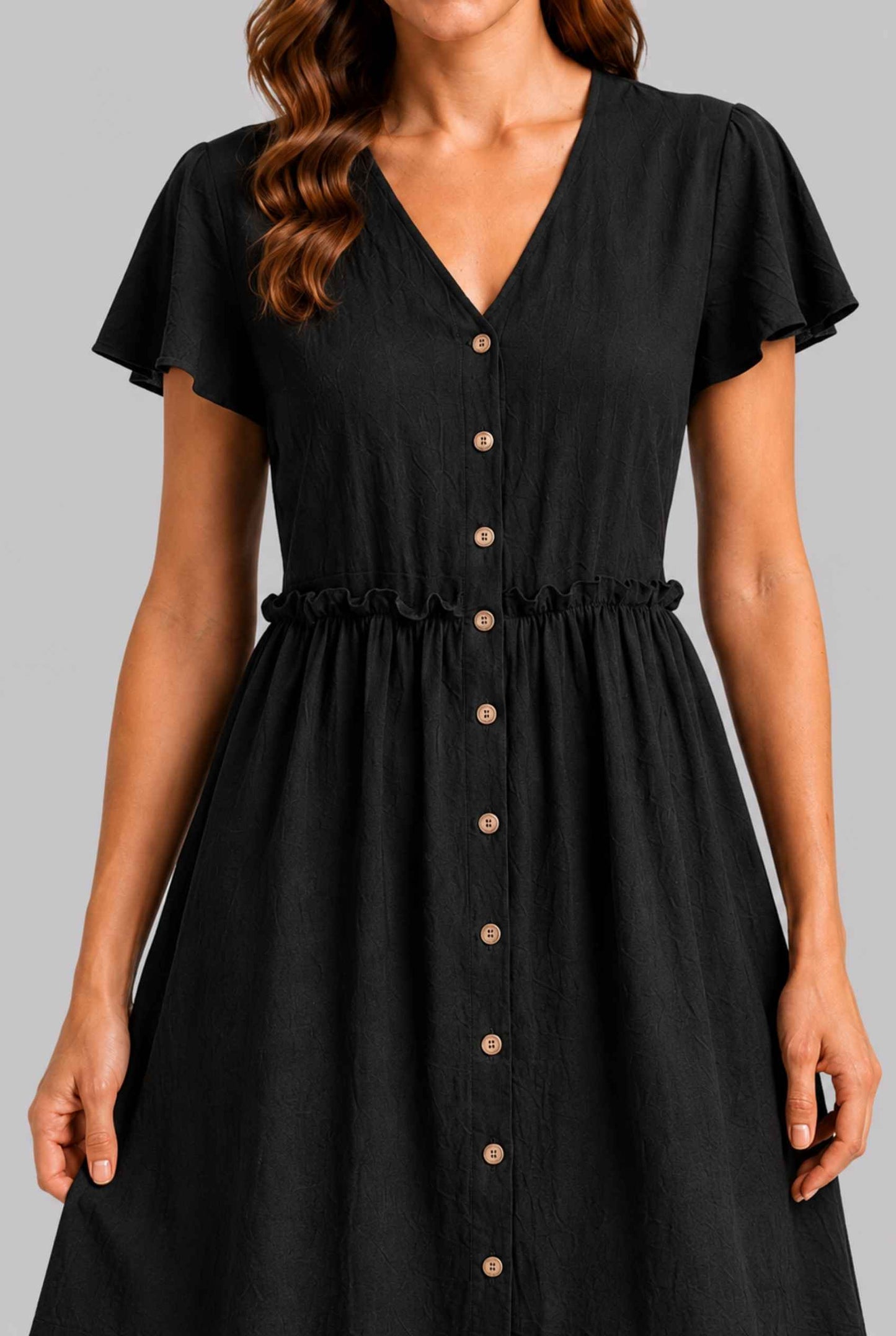 Virtual Model wearing The Delia Buttoned Mini Black Flutter Sleeve Ruffled Dress
