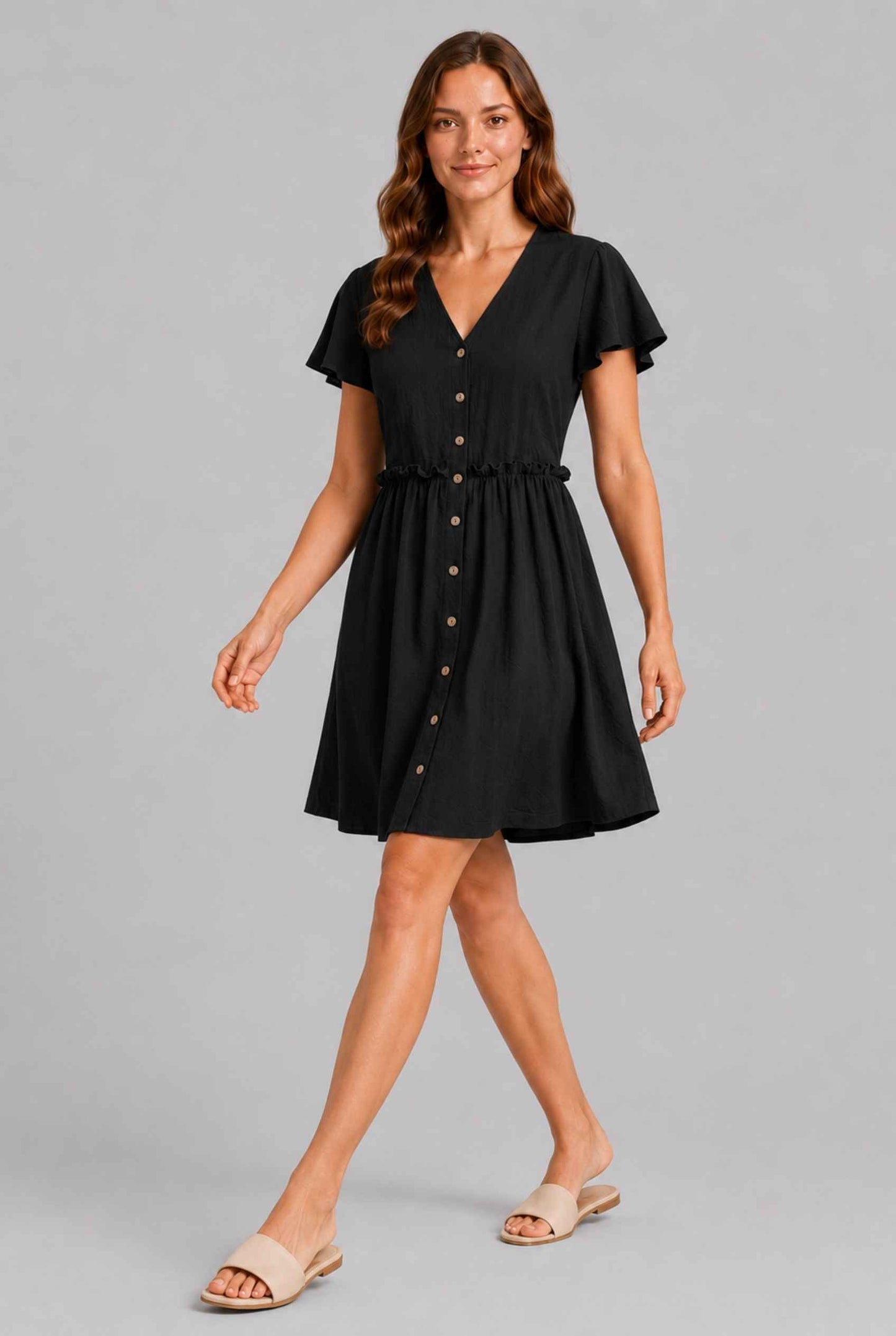 Virtual Model wearing The Delia Buttoned Mini Black Flutter Sleeve Ruffled Dress