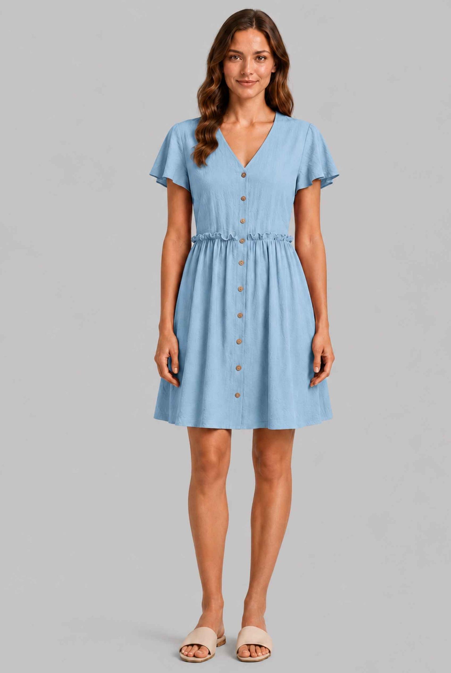 Virtual Model wearing The Delia Buttoned Mini Blue Flutter Sleeve Ruffled Dress