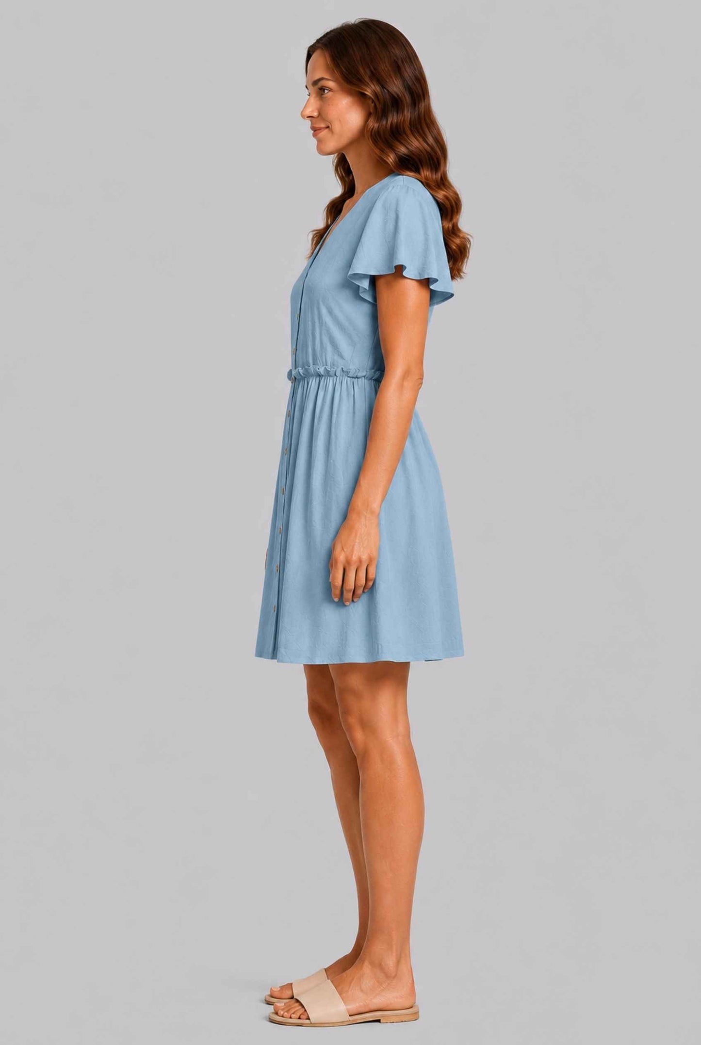 Virtual Model wearing The Delia Buttoned Mini Blue Flutter Sleeve Ruffled Dress