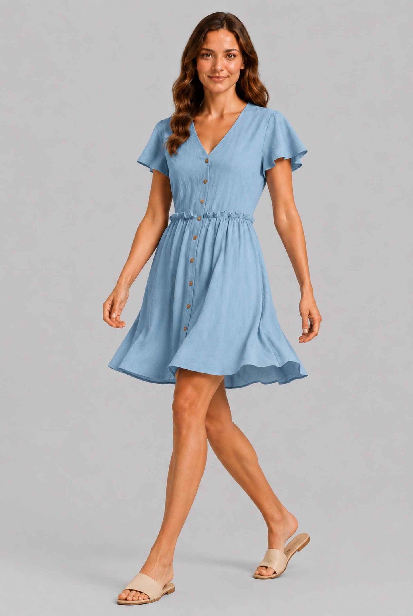 Virtual Model wearing The Delia Buttoned Mini Blue Flutter Sleeve Ruffled Dress