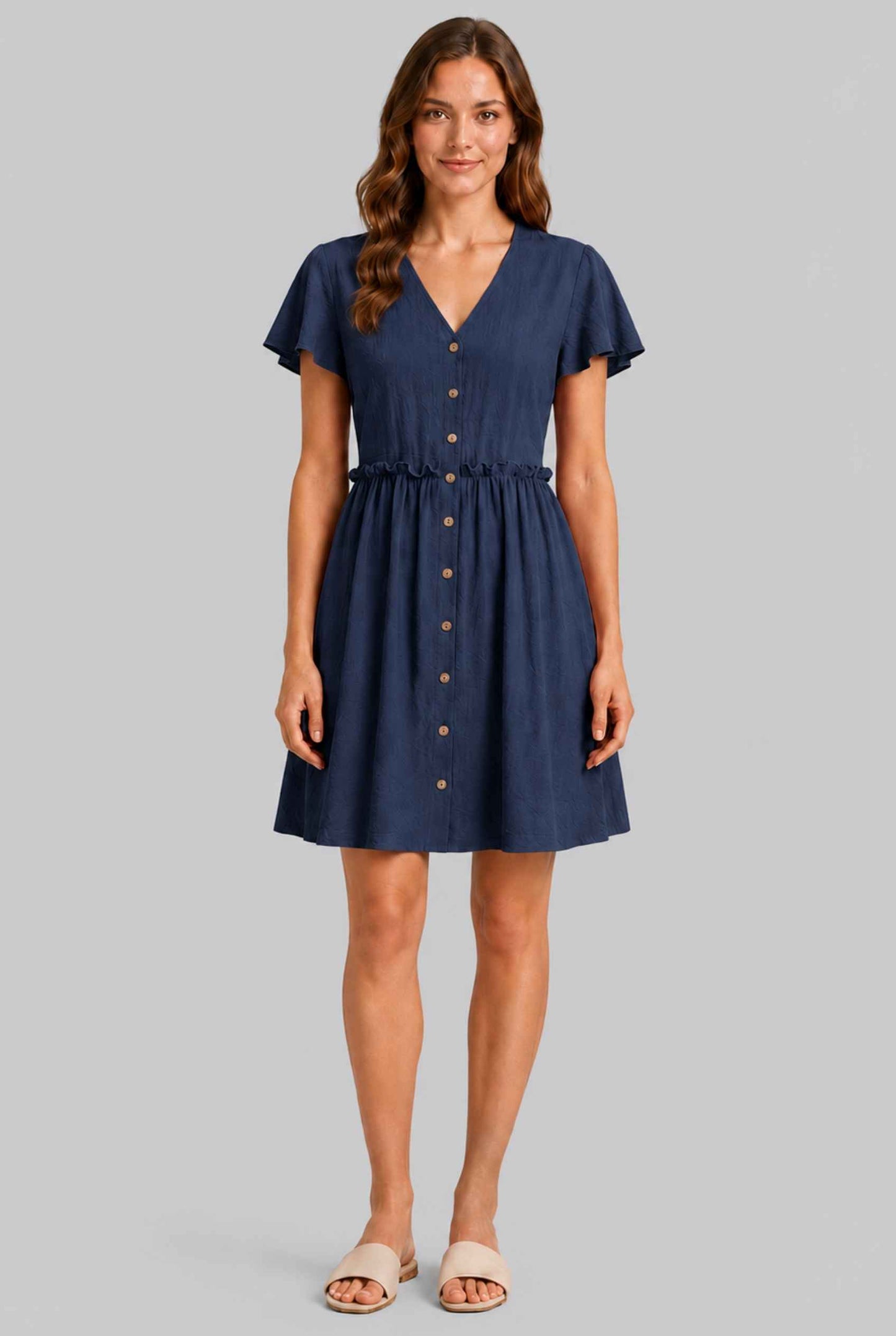 Virtual Model wearing The Delia Buttoned Mini Navy Flutter Sleeve Ruffled Dress
